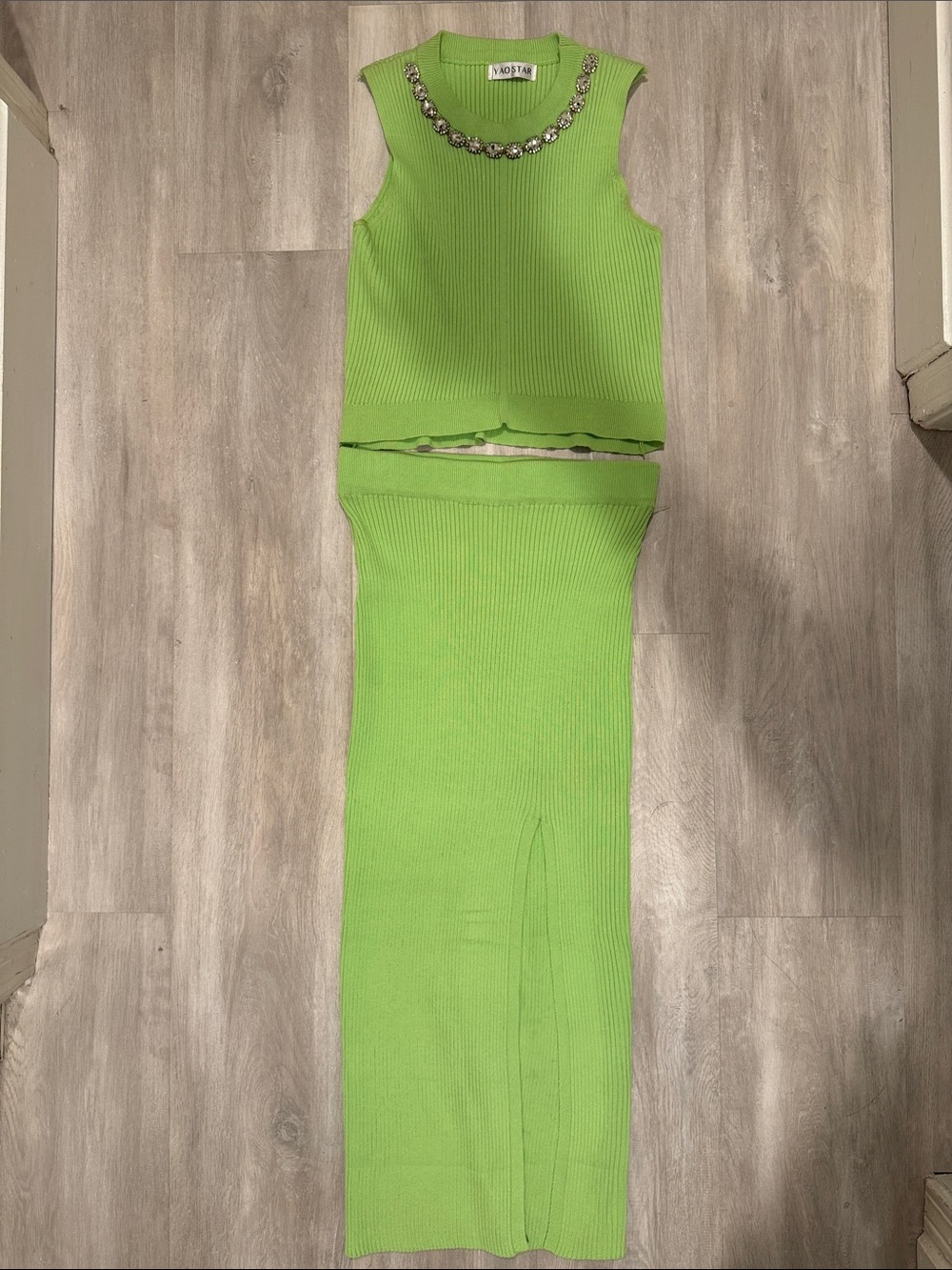 Motel Rocks Lime Green Ribbed Maxi Set with Jeweled Neckline